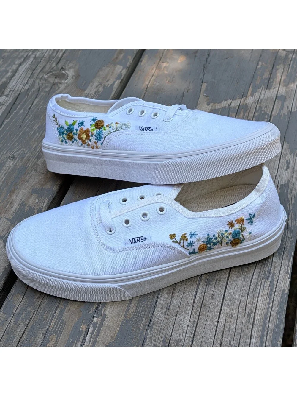 Brand New Custom Embroidered Vans Authentic White Floral Cottagecore Womens 7